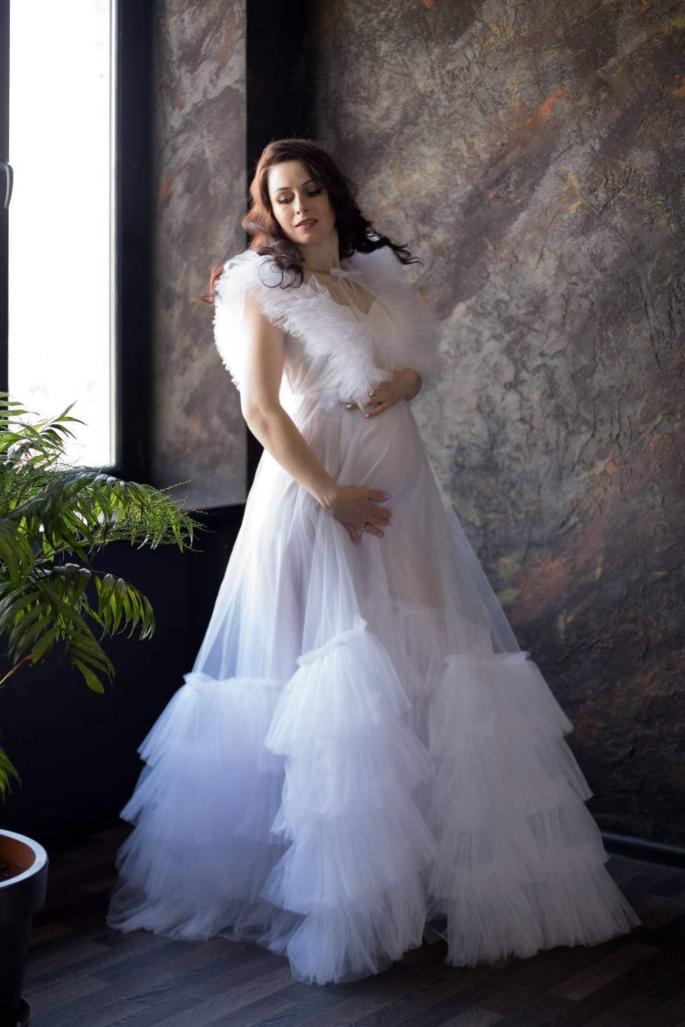 Tan/Burgundy Organza Flowers Maternity Dress for Photo Shoot Baby Show –  reathua